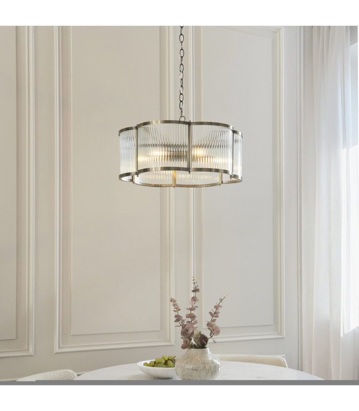 Ridgeton Scallop Cylindrical Pendant Light Antique Brass Clear Ribbed Glass-2