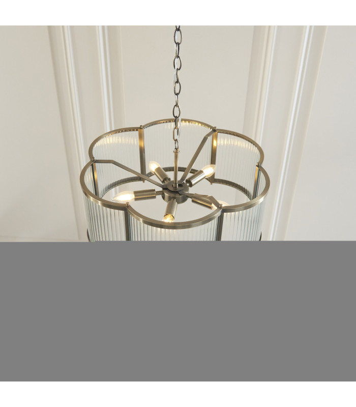 Ridgeton Scallop Cylindrical Pendant Light Antique Brass Clear Ribbed Glass-4