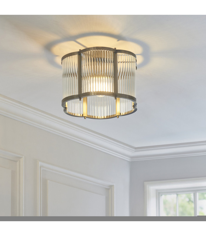 Ridgeton Scallop Cylindrical Ceiling Light Antique Brass Clear Ribbed Glass-2
