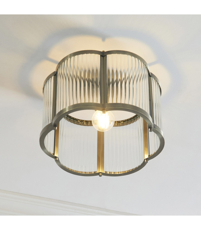 Ridgeton Scallop Cylindrical Ceiling Light Antique Brass Clear Ribbed Glass-4