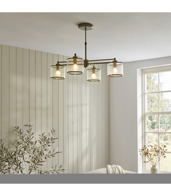 Ridgeton Multi Arm Semi Flush Ceiling Light Antique Brass Clear Ribbed Glass-2