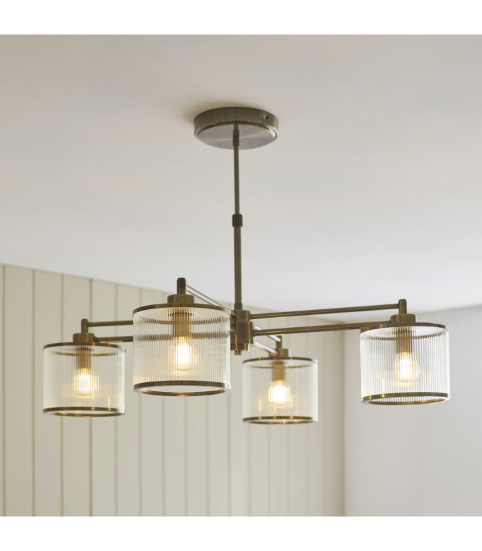 Ridgeton Multi Arm Semi Flush Ceiling Light Antique Brass Clear Ribbed Glass-3