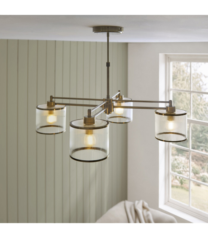 Ridgeton Multi Arm Semi Flush Ceiling Light Antique Brass Clear Ribbed Glass-4