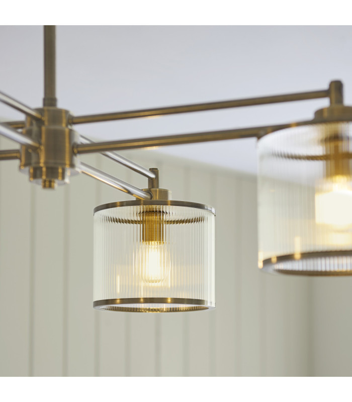 Ridgeton Multi Arm Semi Flush Ceiling Light Antique Brass Clear Ribbed Glass-6