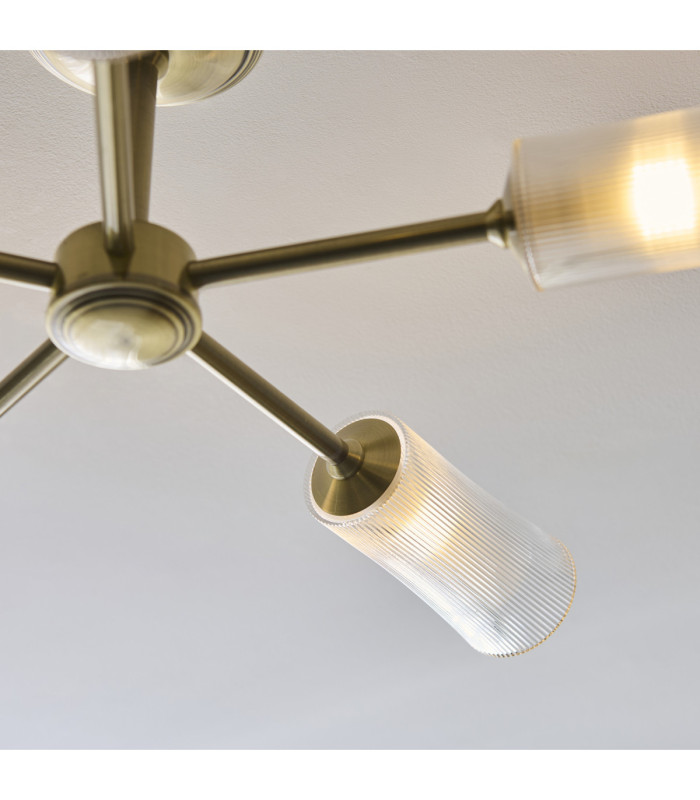 Avelyn Multi Arm Semi Flush Ceiling Light Antique Brass Clear Ribbed Glass-4