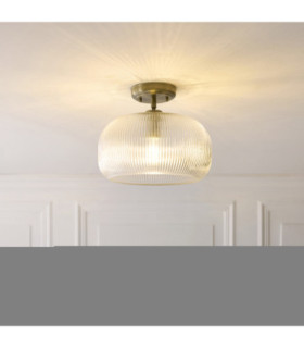 Harborne Bowl Semi Flush Ceiling Light Antique Brass Clear Ribbed Glass-2