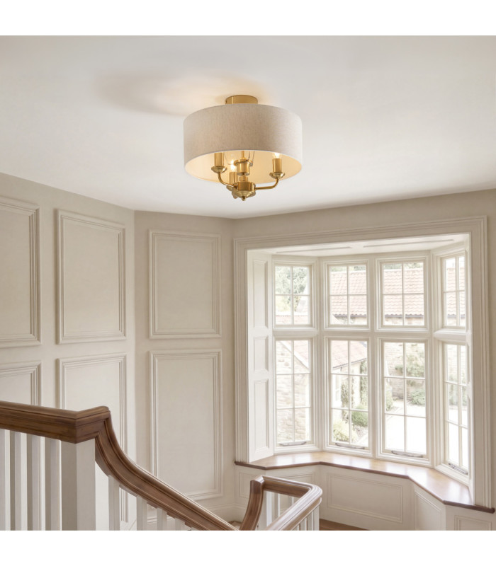 Highclere Cylindrical Ceiling Light Vintage Brass Natural Linen-2