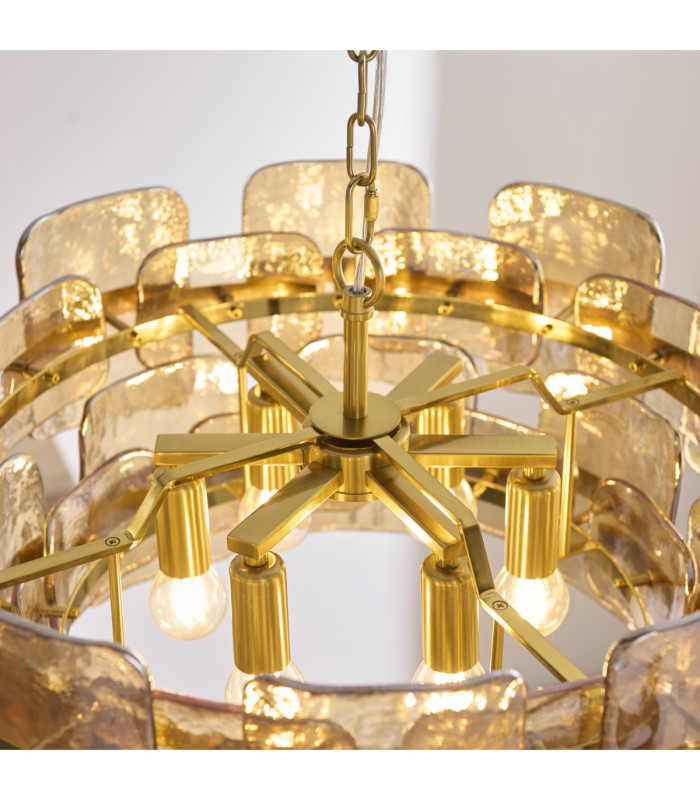 Ancara Pendant Light Brushed Aged Brass Champagne Handmade Textured Glass-6