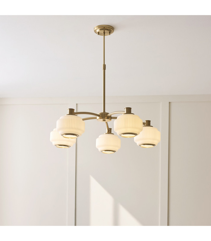 Evora Multi Arm Semi Flush Ceiling Light Brushed Aged Brass Opal Ribbed Glass-2