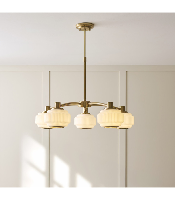 Evora Multi Arm Semi Flush Ceiling Light Brushed Aged Brass Opal Ribbed Glass-3