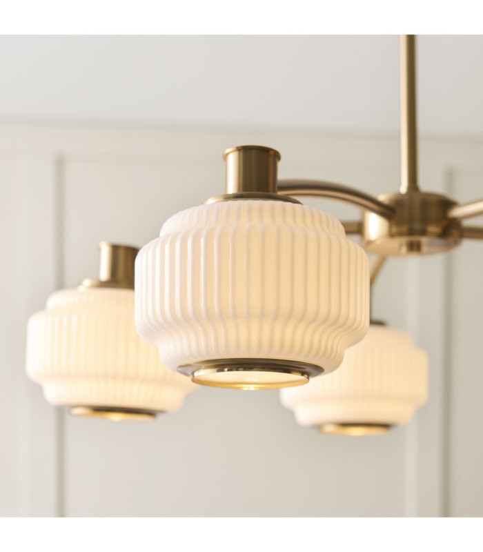 Evora Multi Arm Semi Flush Ceiling Light Brushed Aged Brass Opal Ribbed Glass-4