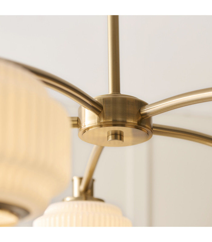 Evora Multi Arm Semi Flush Ceiling Light Brushed Aged Brass Opal Ribbed Glass-5