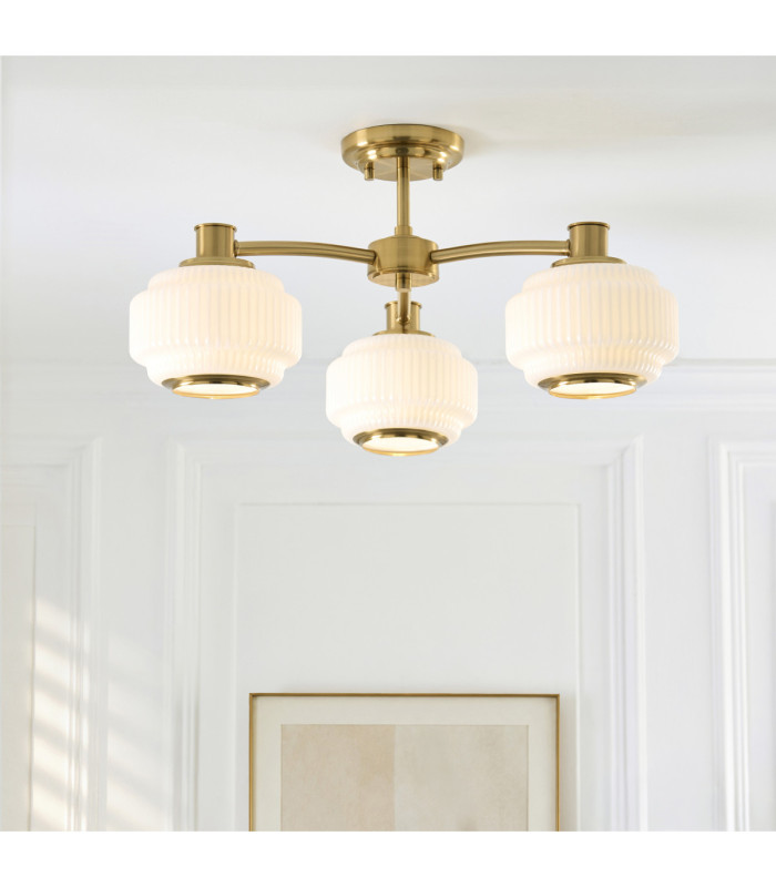 Evora Multi Arm Semi Flush Ceiling Light Brushed Aged Brass Opal Ribbed Glass-2