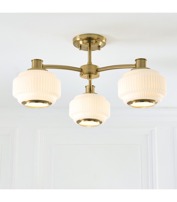 Evora Multi Arm Semi Flush Ceiling Light Brushed Aged Brass Opal Ribbed Glass-3