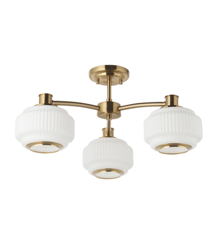 Evora Multi Arm Semi Flush Ceiling Light Brushed Aged Brass Opal Ribbed Glass-8