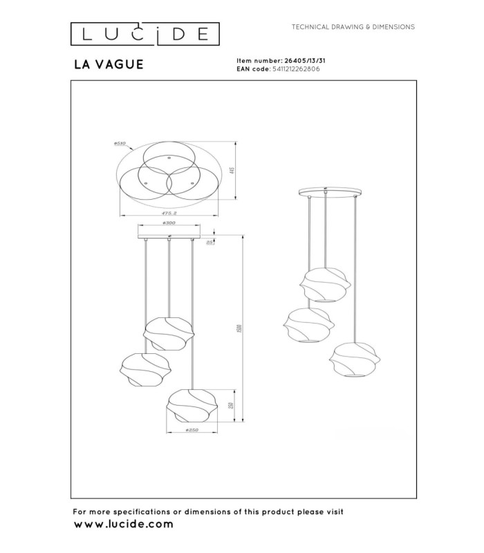 Lucide LA VAGUE - Pendant light - Ø 51 cm - 3xE27 - White - Essential-5
