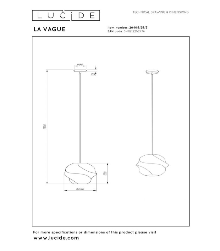 Lucide LA VAGUE - Pendant light - Ø 25 cm - 1xE27 - White - Essential-5