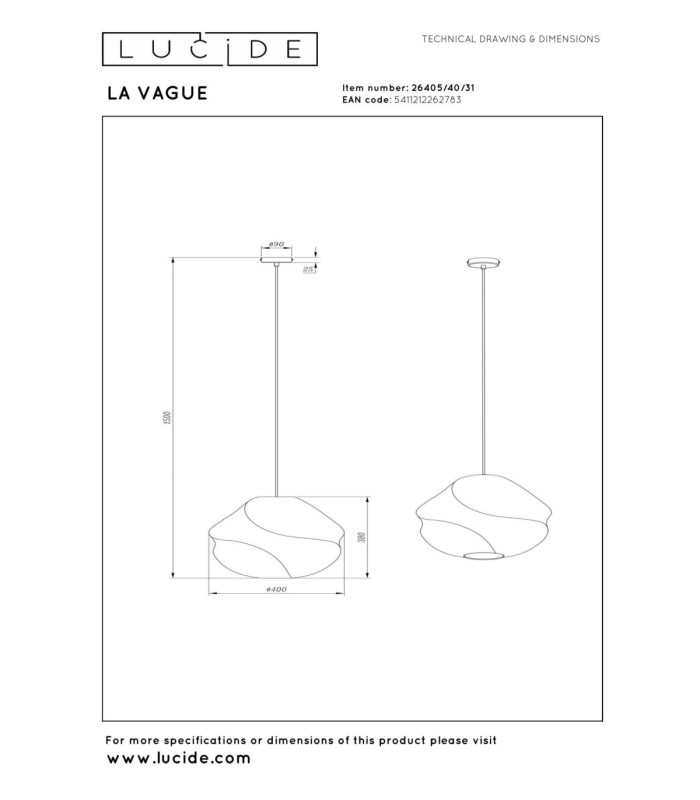Lucide LA VAGUE - Pendant light - Ø 40 cm - 1xE27 - White - Essential-5
