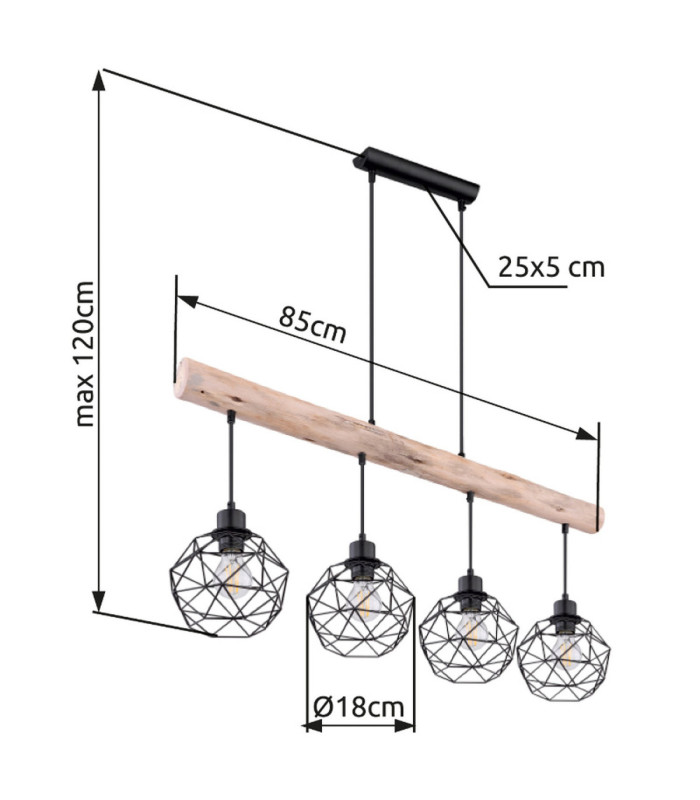 Theodor Bar Pendant Ceiling Light Matt Black 4x E27-11