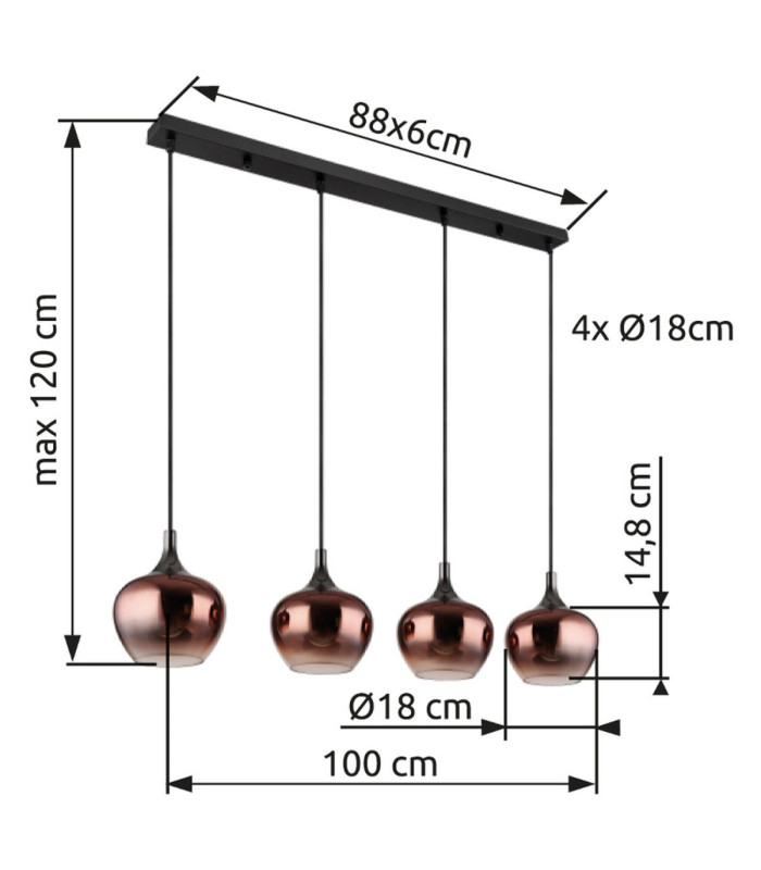 Maxy Bar Pendant Ceiling Light Matt Black Glass Copper Shade 4x E27-7