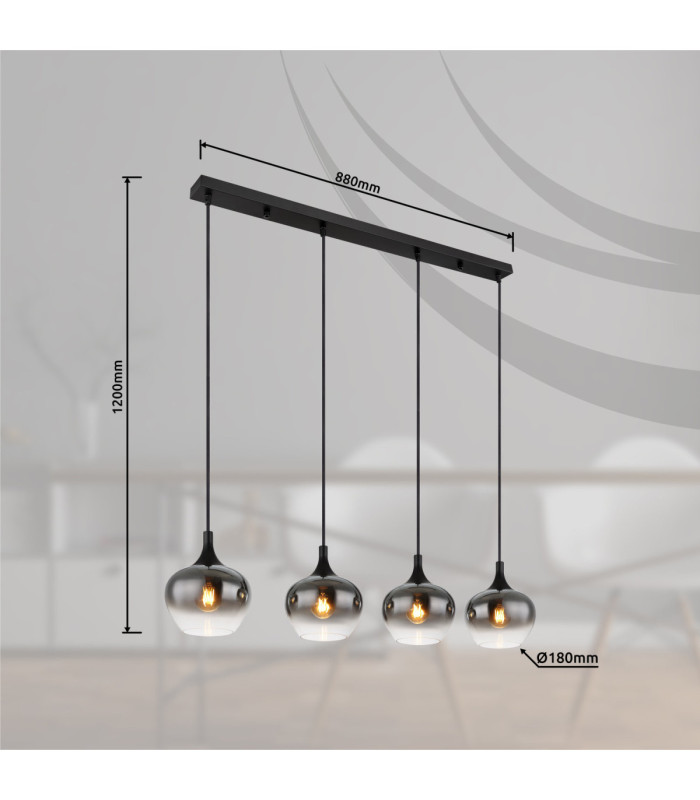 Maxy Bar Pendant Ceiling Light Matt Black Glass Smoke Shade 4x E27-9