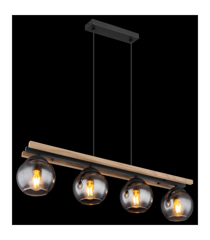 Conni Bar Pendant Ceiling Light Matt Black Smoke Glass Shade 4x E27-5