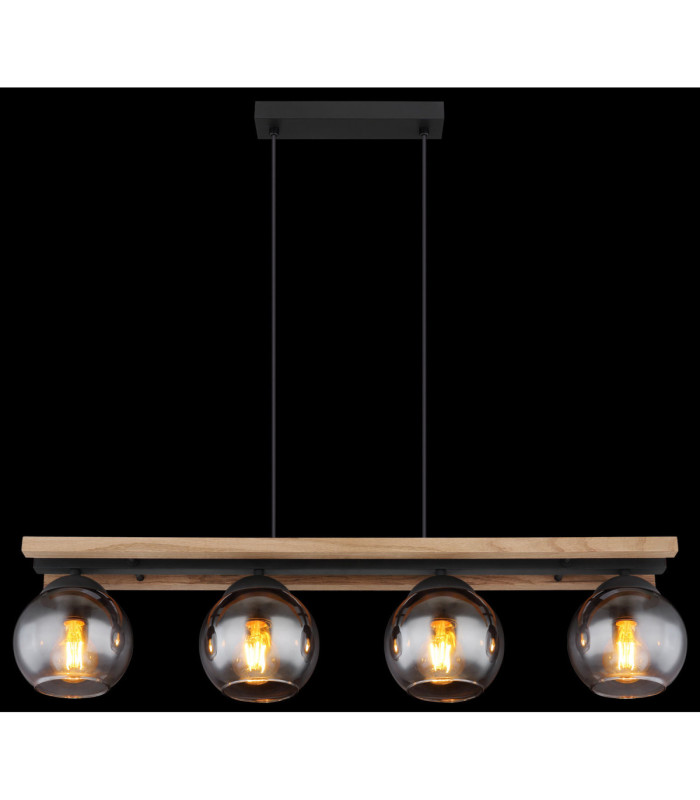 Conni Bar Pendant Ceiling Light Matt Black Smoke Glass Shade 4x E27-6