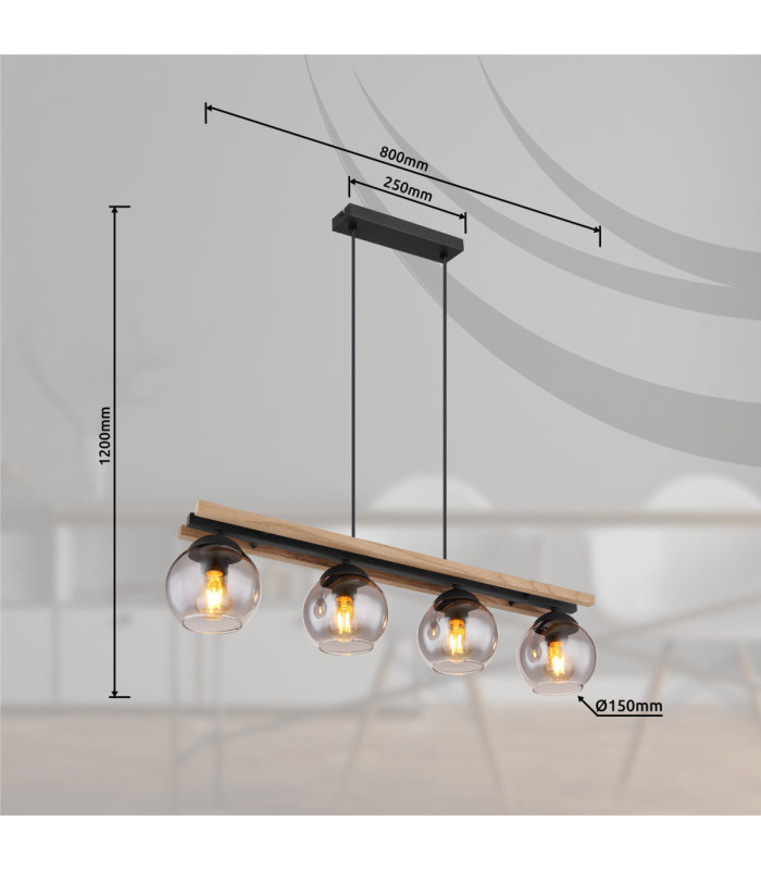 Conni Bar Pendant Ceiling Light Matt Black Smoke Glass Shade 4x E27-8