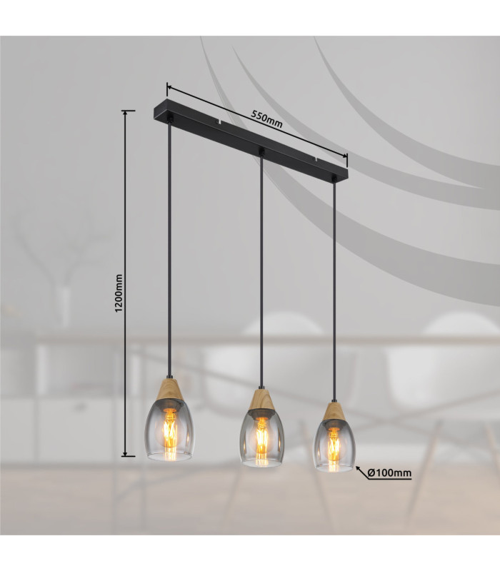 Reid Dome Bar Pendant Ceiling Light Matt Black Smoke Glass 3x E27-8