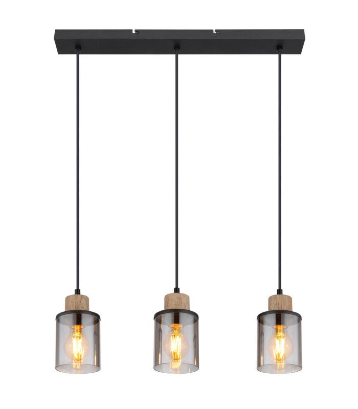 Reid Bar Pendant Ceiling Light Matt Black Smoke Glass 3x E27-3