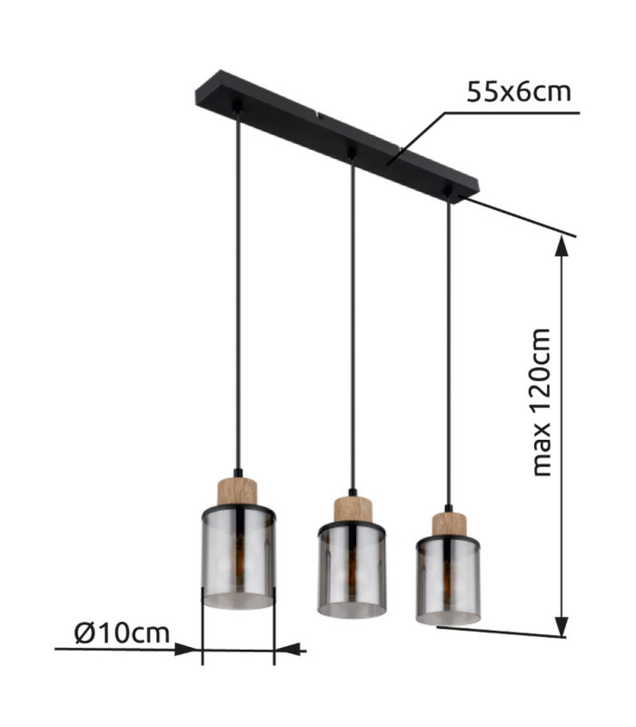 Reid Bar Pendant Ceiling Light Matt Black Smoke Glass 3x E27-6