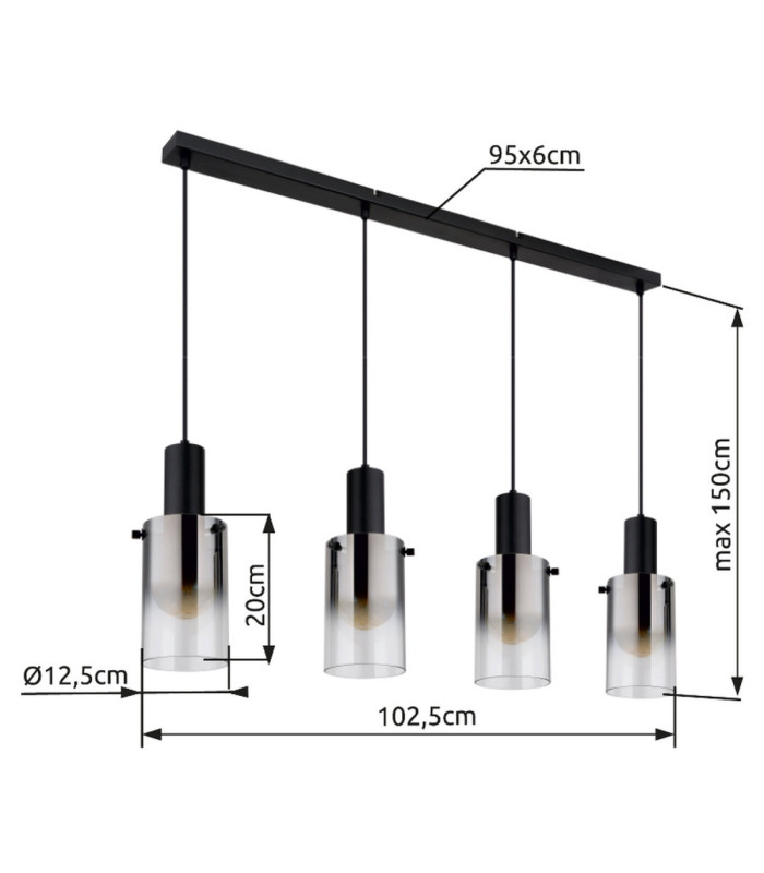 Florentina Bar Pendant Ceiling Light Matt Black 4x E27-6