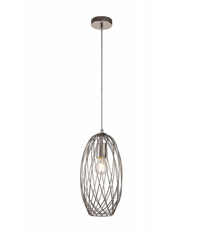 Curved Caged Cylinder Ceiling Pendant, 1 x E27, Polished Nickel - 1