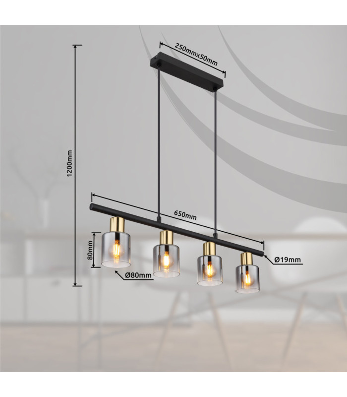 Hollsy Bar Pendant Ceiling Light Matt Black 4x E14-8