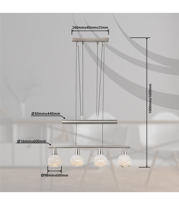 Elliott Bar Pendant Ceiling Light Matt Nickel 4x E14 3000K-14