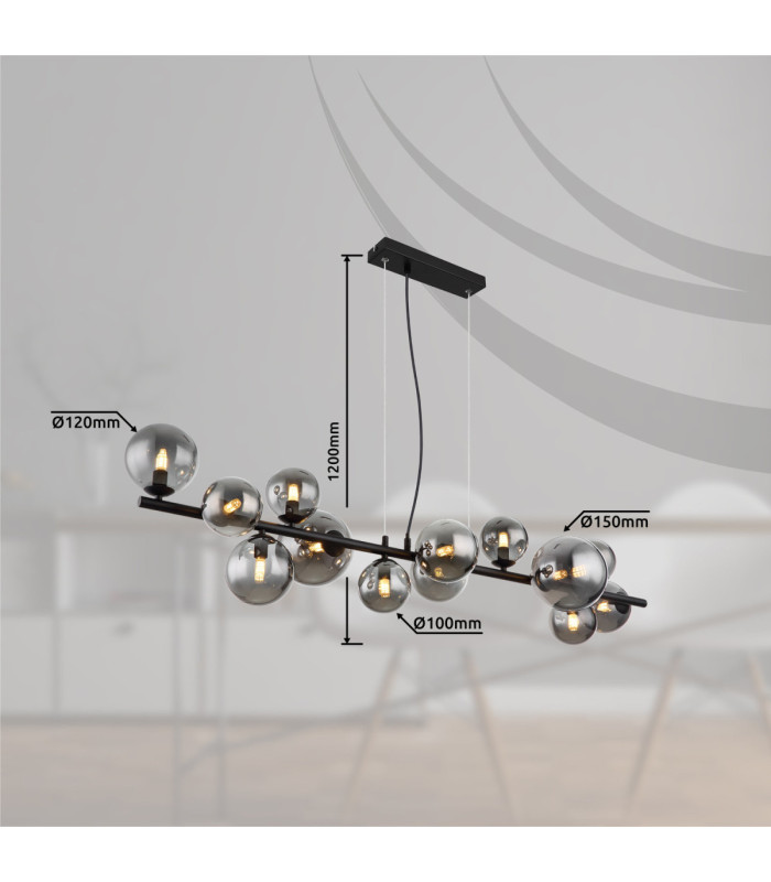 Riha Bar Pendant Ceiling Light Matt Black Smoke Glass Shades 13x G9 3000K-6