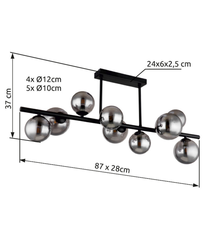 Riha Bar Pendant Ceiling Light Matt Black Smoke Glass Shades 9x G9 3000K-7