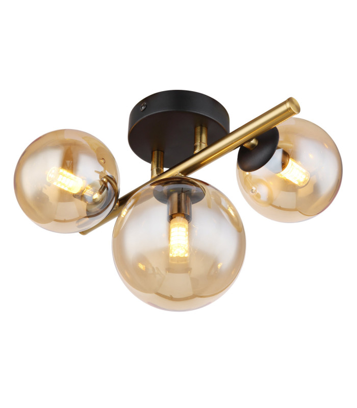 Riha Globe Ceiling Light Matt Black Amber Glass Shades 3x G9 3000K-1