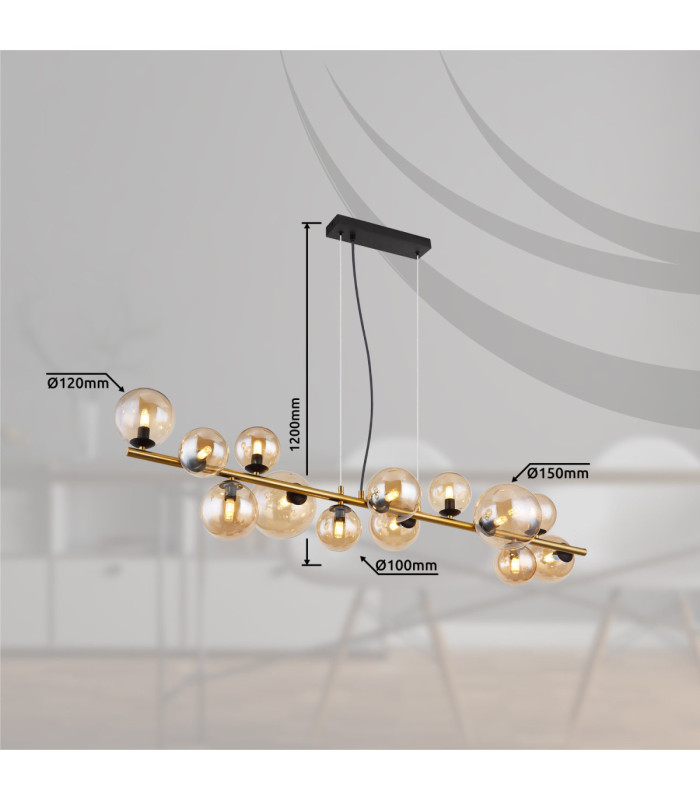 Riha Bar Pendant Ceiling Light Matt Black Amber Glass Shades 13x G9 3000K-8