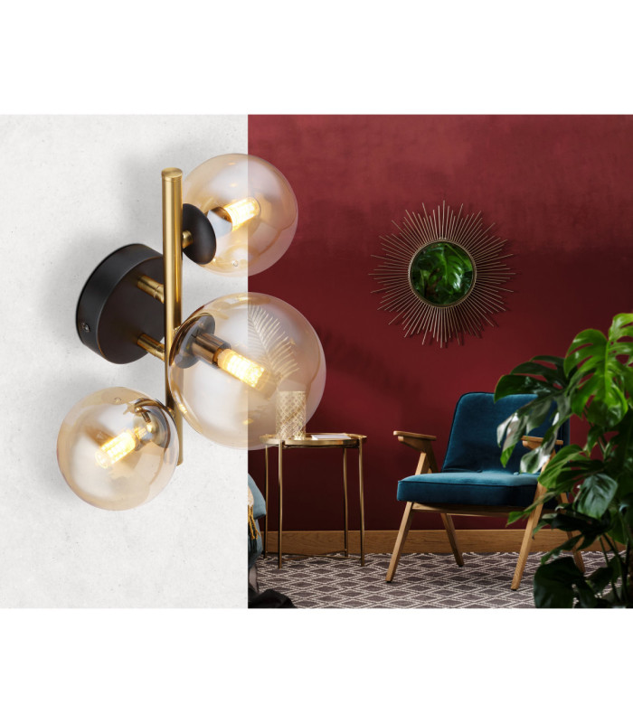 Riha Globe Ceiling Light Matt Black Amber Glass Shades 3x G9 3000K-6