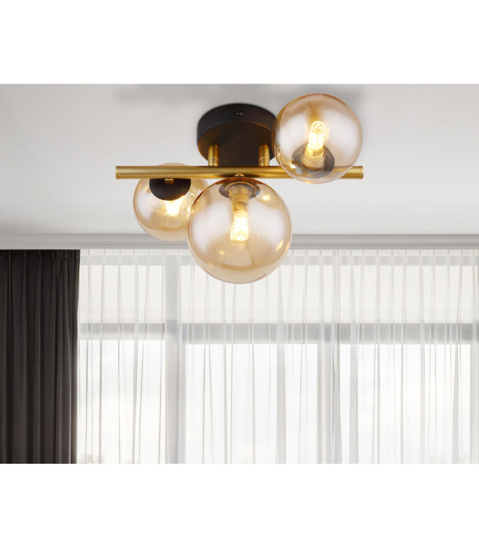 Riha Globe Ceiling Light Matt Black Amber Glass Shades 3x G9 3000K-7