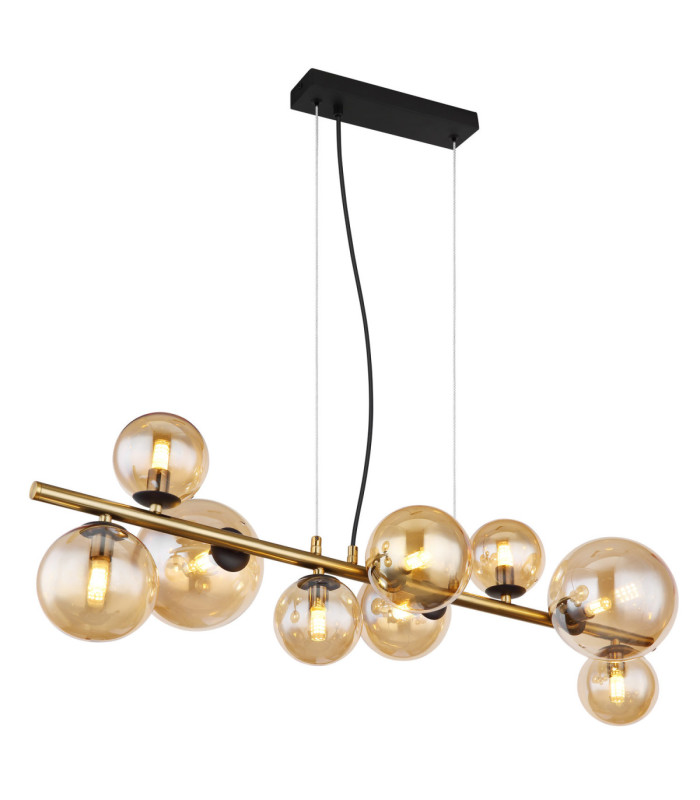 Riha Bar Pendant Ceiling Light Matt Black Amber Glass Shades 9x G9 3000K-1