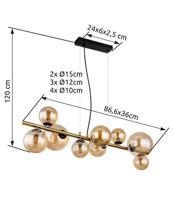 Riha Bar Pendant Ceiling Light Matt Black Amber Glass Shades 9x G9 3000K-9