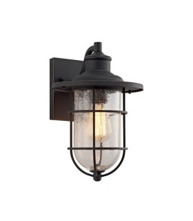 Wall Lantern Lamp, 1 x E27, Black, Gold With Seeded Clear Glass, IP54 - 1