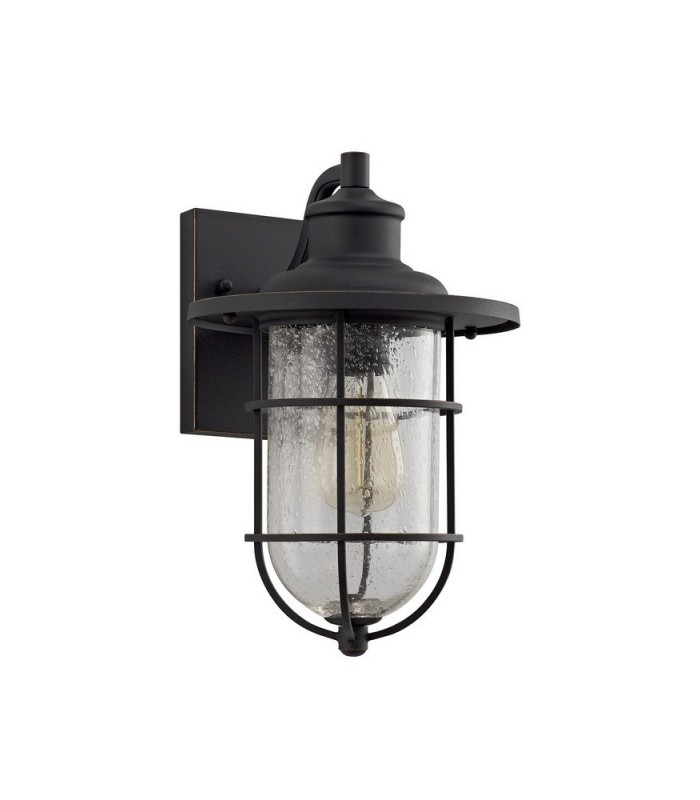 Wall Lantern Lamp, 1 x E27, Black, Gold With Seeded Clear Glass, IP54 - 3