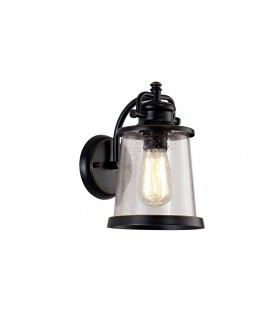 Wall Lantern Lamp, 1 x E27, Black, Gold With Seeded Clear Glass, IP54 - 1