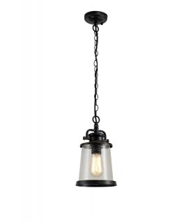 Ceiling Pendant Lantern, 1 x E27, Black, Gold With Seeded Clear Glass, IP54 - 1