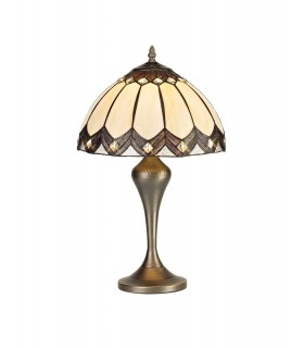 Tiffany Table Lamp, 1 x E27, Aged Antique Brass Base, Brown Glass, Clear Crystal - 1