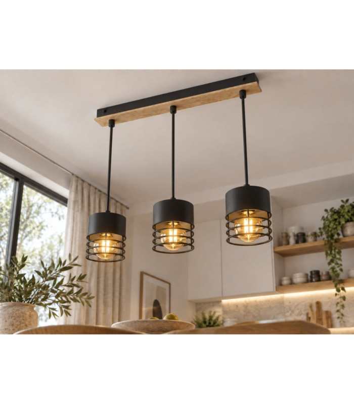 Casa Bar Pendant Ceiling Light Black Wood 60cm 3x E27-2