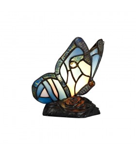 Tiffany Butterfly Table Lamp, 1 x E14, Black Base With Blue, Pink Glass With Clear Crystal - 1
